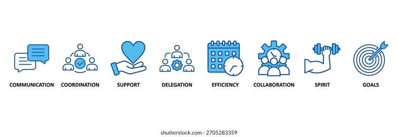 En Blue Style, Ilustración vectorial para la comunicación, coordinación, Asistencia, delegación, eficacia, colaboración, trabajo en equipo, espíritu, metas