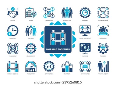 Zusammenarbeiten des Symbolsatzes. Kommunikation, Arbeitsgruppe, Zusammenarbeit, Optimierung, Effizienz, starkes Netzwerk, Ziele, Teambildung. Duotone-Farbsymbole