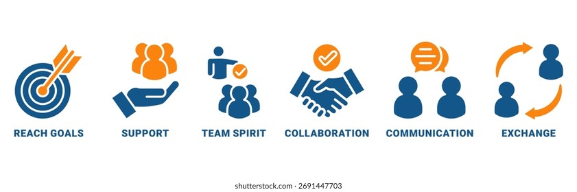 Trabalhando juntos ícone definir conceito vetorial com ícone de colaboração, atingir objetivos, espírito de equipe, apoio, comunicação, intercâmbio