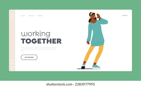 Working Together Landing Page Template. Happy Black Female Character Show Show Positive Gesture, Satisfied Cheerful Woman Excited Emotion, Hello Gesturing Body Language. Cartoon Vector Illustration