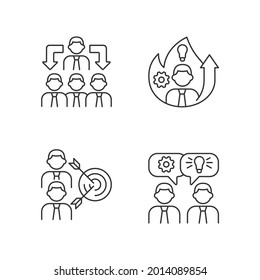 Working together linear icons set. Office members coordination. Group communication. Coworking. Customizable thin line contour symbols. Isolated vector outline illustrations. Editable stroke