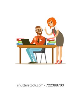 ?olleagues working together in the office, engineer system IT administrator helping woman with her PC vector illustration