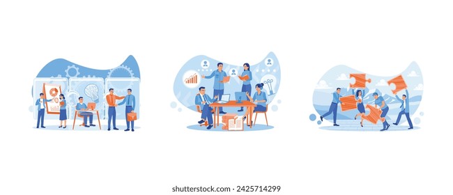 Trabajando juntos en asociación. Diversos empresarios participan en actividades empresariales. Trabajo en equipo para lograr el éxito. Concepto de comunicación de equipo. Establecer ilustración vectorial plana.