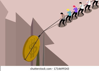 Working together to solve the economic problems that are falling. Many people are pulling the rope of the big coin from abyss.