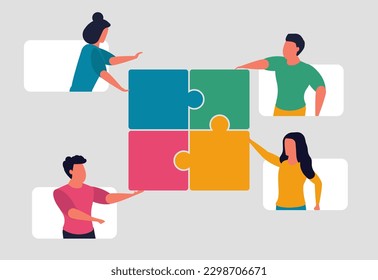 Working together as a team and people collaborating to solve problems. Colleagues and joint project success. People put the pieces of the puzzle together. Vector illustration concept
