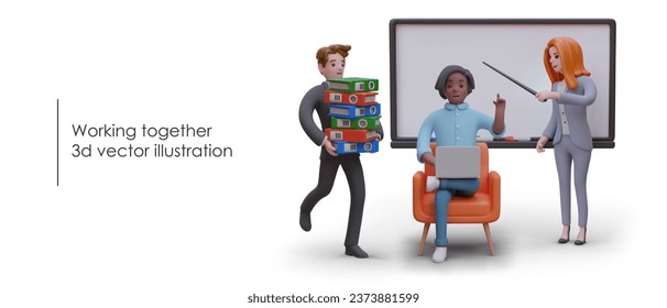 Working together. Team project. Concept of couching, partnership. Vector composition on white background. Cute male, female characters, office workers at work