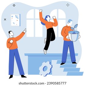 Working together. Vector illustration. Cooperation between different departments is essential for well-functioning corporate structure Successful projects require seamless teamwork and collaboration