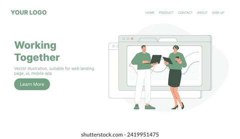 Working Together. Web Landing Page Design. Flat Cartoon Vector Illustration. Vector illustration, suitable for web landing page, ui, mobile app.