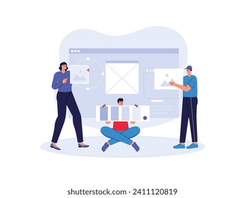 Trabajar juntos para trabajar en un proyecto de un cliente en una empresa de diseño, ilustración vectorial de trabajo en equipo.