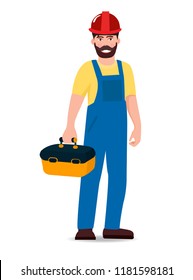 working with tool box, in overalls and helmet ,vector illustration isolated on white background