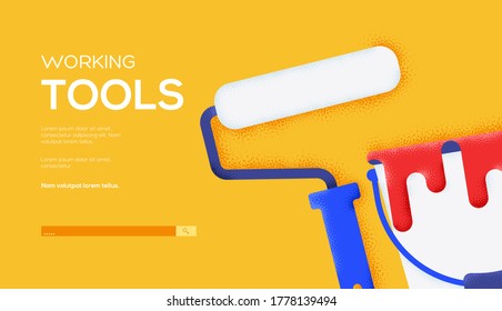 Working tool concept flyer, web banner, ui header, enter site. Grain texture and noise effect. Modern illustration slider site page. Vector design image.