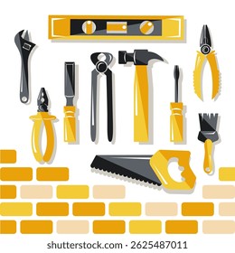 working tool for repair and construction set on brick wall background vector image