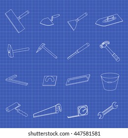 Working tools 3D icons set. Vector blueprint. Tools for repair and construction.