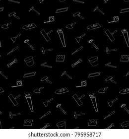 Working tools 3D icons set on black background. Different repair equipment. Vector instrumets seamless pattern.
