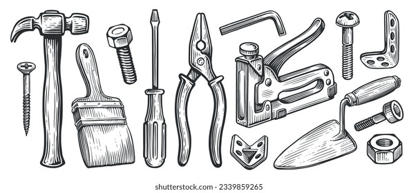 Sammlung von Arbeitswerkzeugen. Reparatur- und Bauzubehör-Set. Sketch Vintage Vektorgrafik