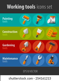 Working tools for construction and maintenance flat icons set. Eps10 vector illustration