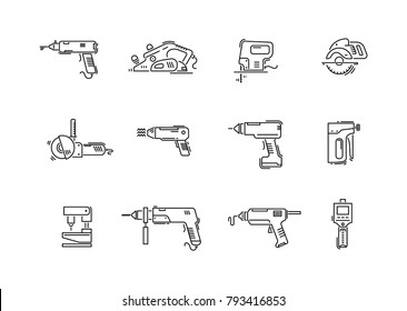 Working tools for construction and repair line icons drill, screwdriver, puncher, jig saw, fretsaw, plane, jointer, angle grinder.