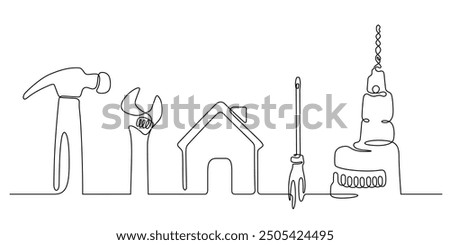 working tools craftsman top view continuous line drawing house fix and repair concept minimalism background