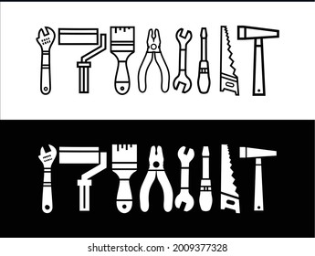 Herramientas de trabajo colección de iconos de mano. Colección de herramientas de reparación y construcción Ilustración del material vector. Herramienta de construcción de silueta conjunto diseño de plan de dibujo Vector.  