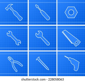 Working Tools Icons vector illustration, with hammer, screwdriver, nut, screw, saw, drill, auger, gimlet, drill hole, bolt, pliers, tongs, pincers, pincer, vector illustration cartoon.