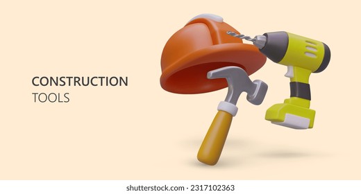 Working tools. Isometric cordless drill, hammer, hard hat. Professional equipment for construction, repair. Color advertising concept. Construction safety equipment