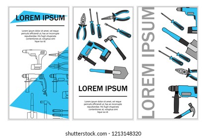 Working tools. Line style icon. Drill, screwdriver, hammer, shovel and other hand tools. Vector illustration on white background. Place for text. Advertising brochure concept.