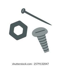 Working tools for nailing boards, nails, nut and screw. Vector illustration in flat style nut icon. Bolt and nut icon.