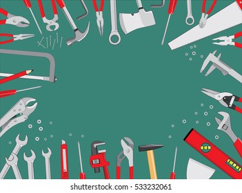 Working tools on green background. Working table frame composition. Repair and construction tools.Do it yourself project. Vector illustration