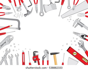 Working tools on white background. Working table frame composition. Do it yourself project. Vector illustration