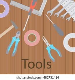 Working tools on wooden rustic background top view vector illustration