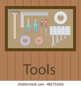 Working tools on wooden rustic background top view vector illustration