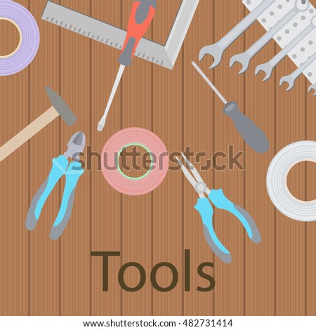 Working tools on wooden rustic background top view vector illustration