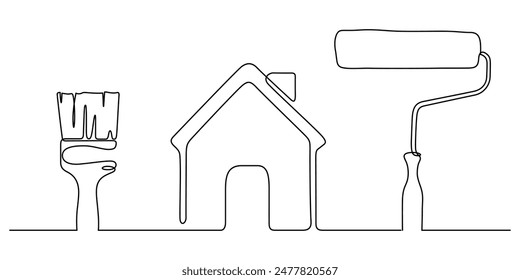 working tools painter craftsman top view continuous line drawing minimalism background. paintbrush, paint roller and house icon