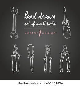 Working tools. Tools repair icons for work. Vector set of hand-drawn manual instruments on the blackboard.DIY tools