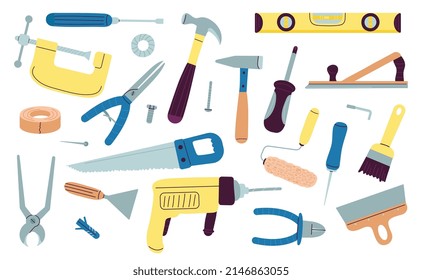 Working tools. Repairman toolkit with drill, hammer, screws wrench. Carpenter doodle construction and building flat equipment, home instruments decent vector icons