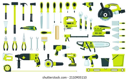 Herramientas de trabajo de conjunto, martillo de hacha, taladro, destornillador, sierra. Conjunto de vectores de herramienta, destornillador de reparación y taladro, ilustración de sierra y hacha
