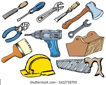 Working tools set with drill, pliers, chisel and other hand instruments. Vector, sketch, hand drawn illustrations on white