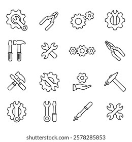 Working tools set. Isolated work tool icon. Repair equipment. Toolbox vector set. Wrench and spanner sign. Hummer and screwdriver symbol. Line design working tools.