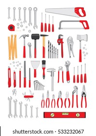 Working tools set on white background. Repair and construction tools collection. Do it yourself tools. Isolated vector illustration