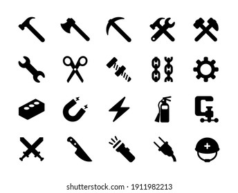 Working tools vector icons set. Construction instruments and materials. Isolated hammer, wrench, knife, gear, scissor, nut and bolt, clamp, electric plug, helmet, brick symbols collection - Vector