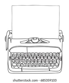Working Typewriter with paper  hand drawn vector cute art illustration