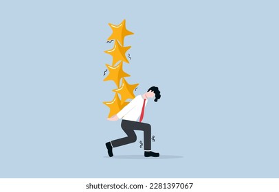 Working under high pressure, best quality requirement, perfectionism concept, Businessman carrying five stars aligning vertical on his back with fatigue.