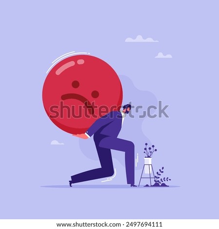 Working under high pressure concept, best quality requirement, stress at work, exhausted from overworked, businessman carrying bad emoticon on his back with fatigue