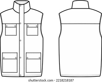Working vest flat sketch. Work waistcoat apparel design. Front and back. Men CAD mockup. Fashion technical drawing template. Vector illustration.