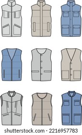 Working vest set flat sketch. Work waistcoat apparel design. Front view. Men CAD mockup. Fashion technical drawing template. Vector illustration.