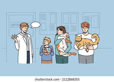 Working as veterinarian with animals concept. Young smiling doctor veterinarian standing and greeting clients with mouse cat and dog on clinic vector illustration 