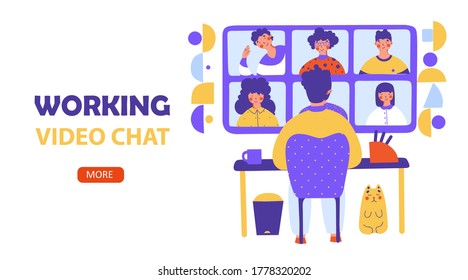 Working video chat, flat vector landing page template. Business conference.