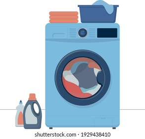 a working washing machine with detergents, a stack of laundry