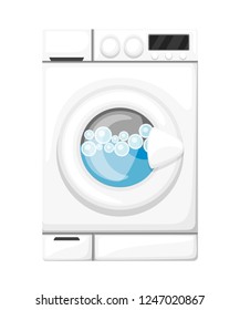 Working washing machine. White household appliances. Water and soap bubbles. Flat vector illustration isolated on white background.