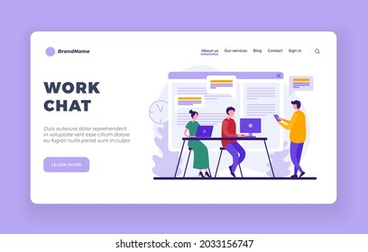 Working web chat. Digital communication of work team in office and remotely. Social groups for employees with information projects. Conference on mobile applications. Vector landing page flat banner
